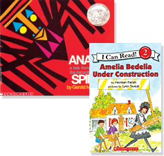 Arrangement of books including "Amelia Badelia Under Construction"