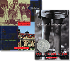 An arrangement of books including "pictures of hollis woods"