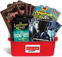 Fiction Focus bin of books. "The Lightning Theif." "The Yearling."