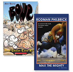 Arrangement of books including "Max the Mighty"