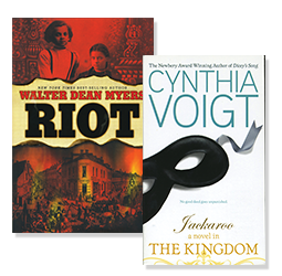 An arrangement of books including "Riot"